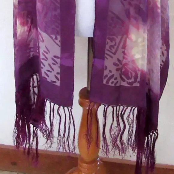 Purple & cream sheer silk & rayon 70" shawl scarf fringed abstract pattern - Picture 5 of 8